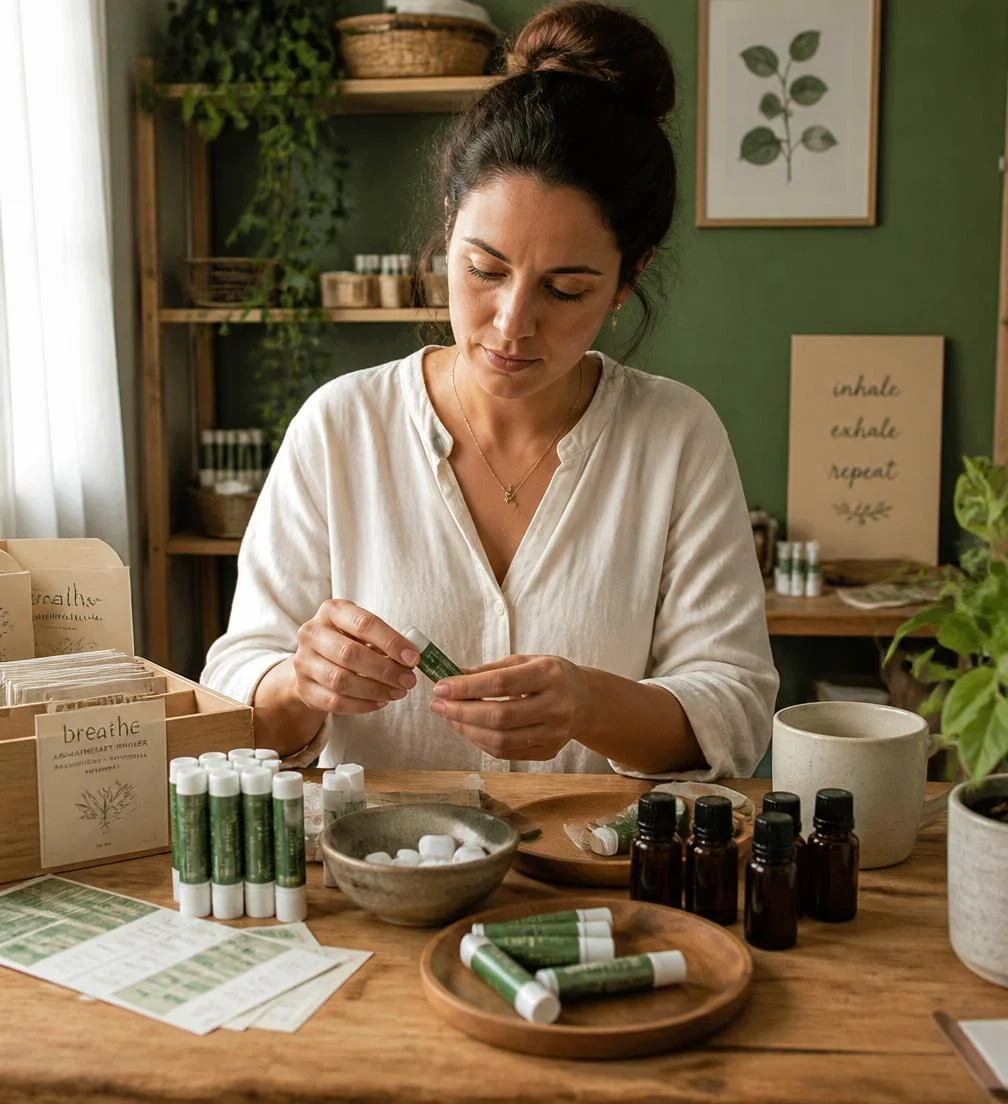 Emprendedora fabricando inhaladores aromáticos en su taller