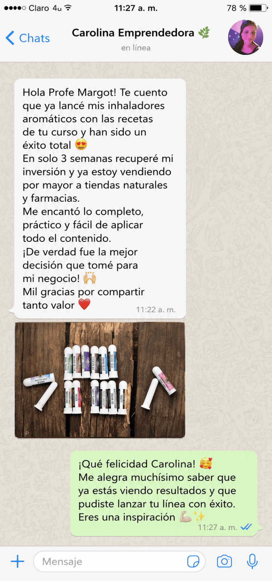 Mensaje de WhatsApp de Carolina Emprendedora contando que recuperó su inversión en 3 semanas y vende por mayor