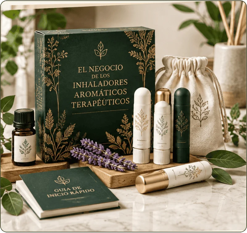 Guía El Negocio de los Inhaladores Aromáticos Terapéuticos en formato libro y tablet junto a inhaladores aromáticos