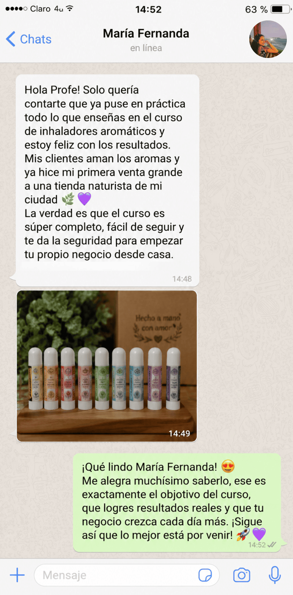 Mensaje de WhatsApp de María Fernanda contando su primera venta grande a una tienda naturista