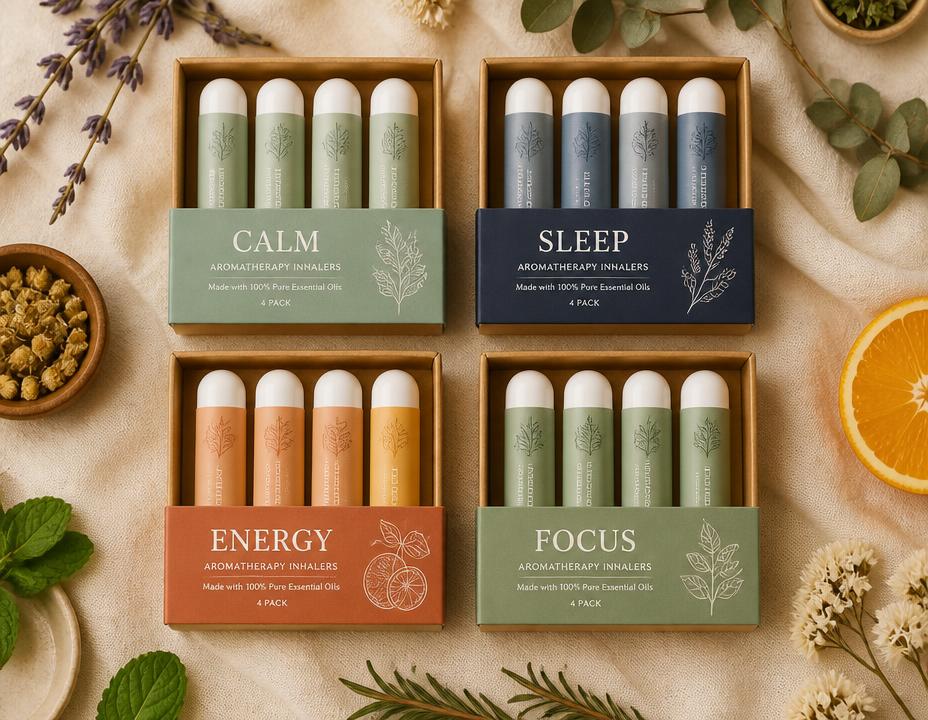 Cuatro colecciones de inhaladores aromáticos en cajas kraft